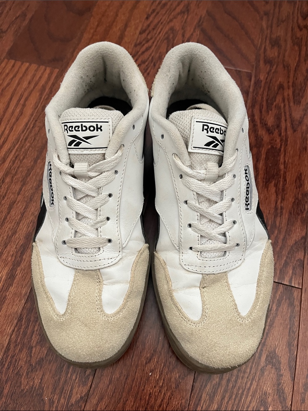 Reebok Men’s White and Beige Leather Suede Sneakers